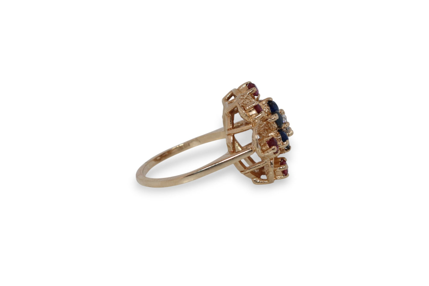 14K Yellow Gold Diamond, Sapphire & Ruby Flower Ring