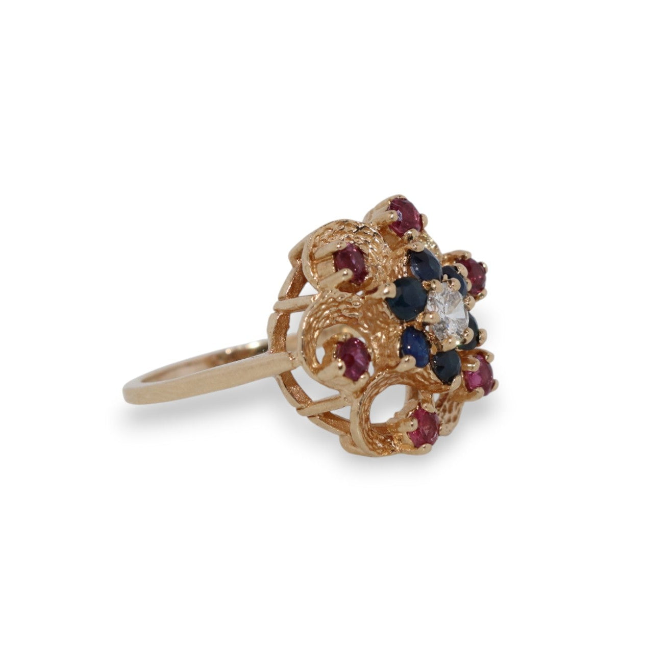 14K Yellow Gold Diamond, Sapphire & Ruby Flower Ring
