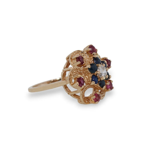 14K Yellow Gold Diamond, Sapphire & Ruby Flower Ring