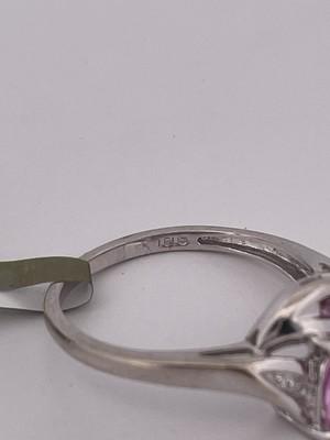 10k White Gold Lab Created Pink Sapphire & Diamond Ring/ Size 7.25/ 2.2g
