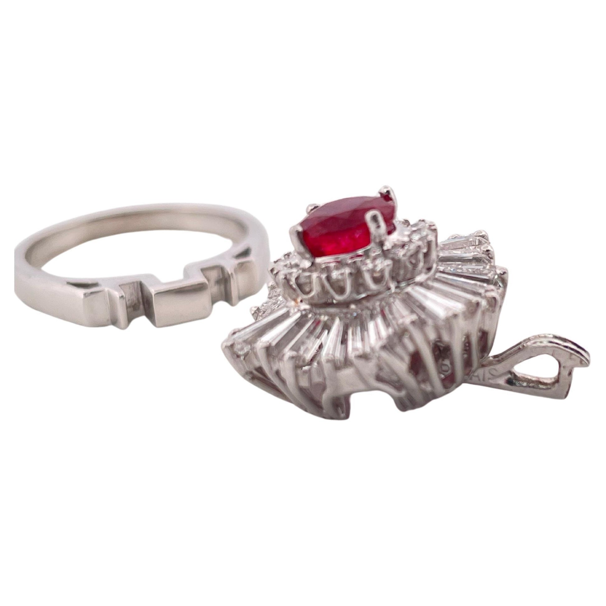 1.18ctw Oval Corundum Ruby & 3.00ctw F SI1 Diamond Ring/Pendant Set In Platinum