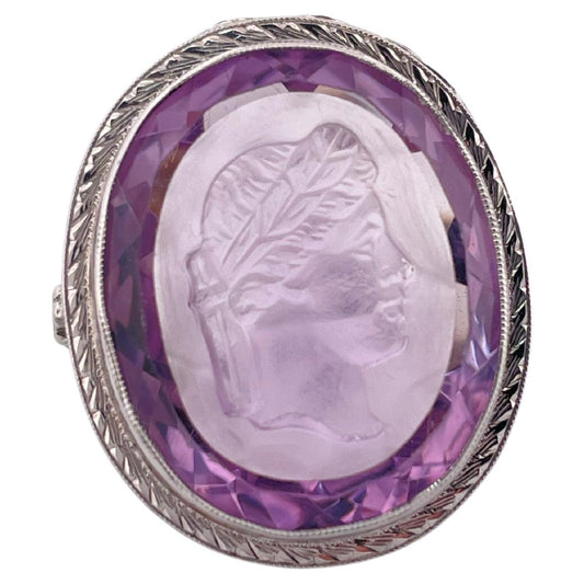 14K White Gold Carved Amethyst Intaglio Hardstone Ring