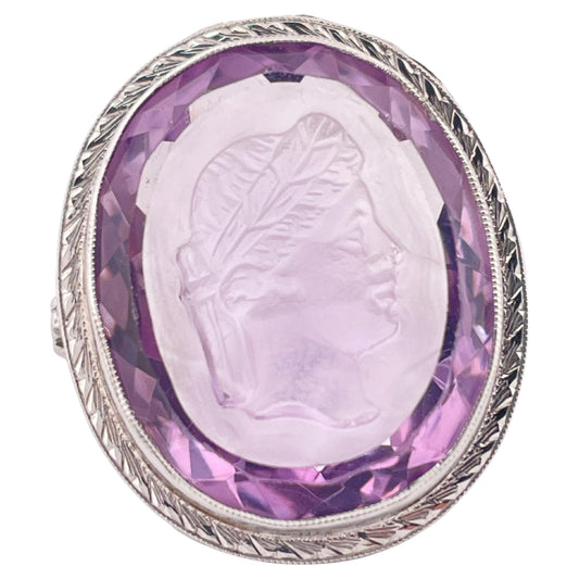 14K White Gold Carved Amethyst Intaglio Hardstone Ring