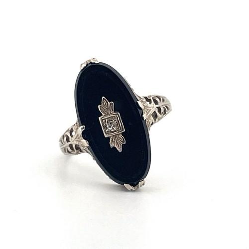 14K White Gold Delicate Filigree Black Onyx Diamond Ring Size 5.5