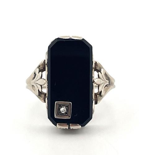 14K White Gold Delicate Filigree Black Onyx Diamond Ring Size 7.5