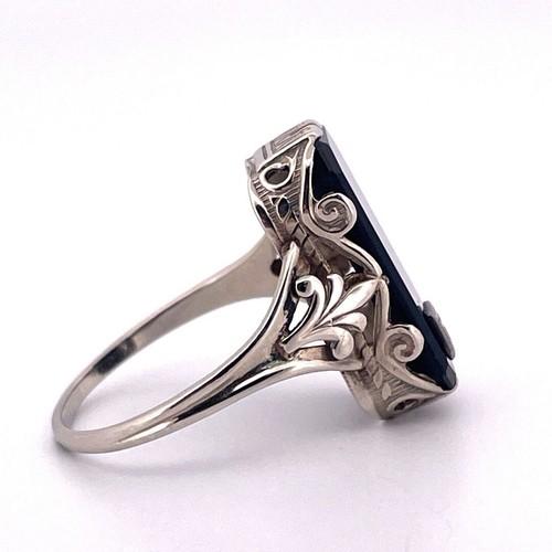 14K White Gold Delicate Filigree Black Onyx Diamond Ring Size 7.5