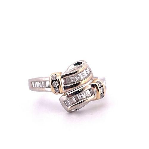 14K White & Yellow Gold Round & Baguette Cut Diamond Ring Size 6.75