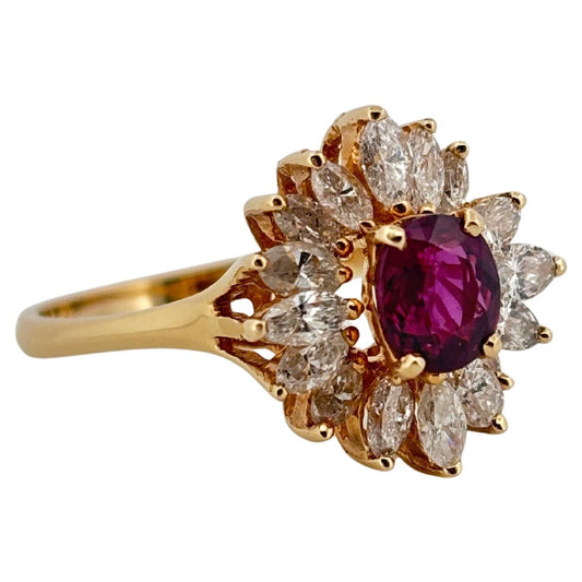 14K Yellow Gold 0.92ctw Oval Cut Ruby & 1.00ctw Marquee Cut Diamond Ring