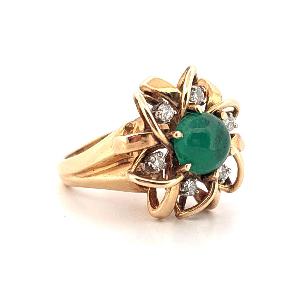 14K Yellow Gold 1.65 Carat Cabochon Emerald 0.25 Carat Diamond Ring