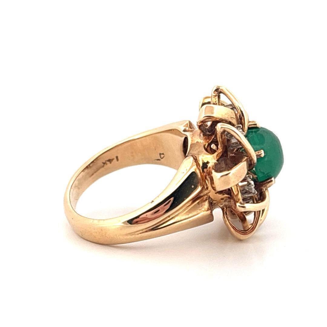 14K Yellow Gold 1.65 Carat Cabochon Emerald 0.25 Carat Diamond Ring