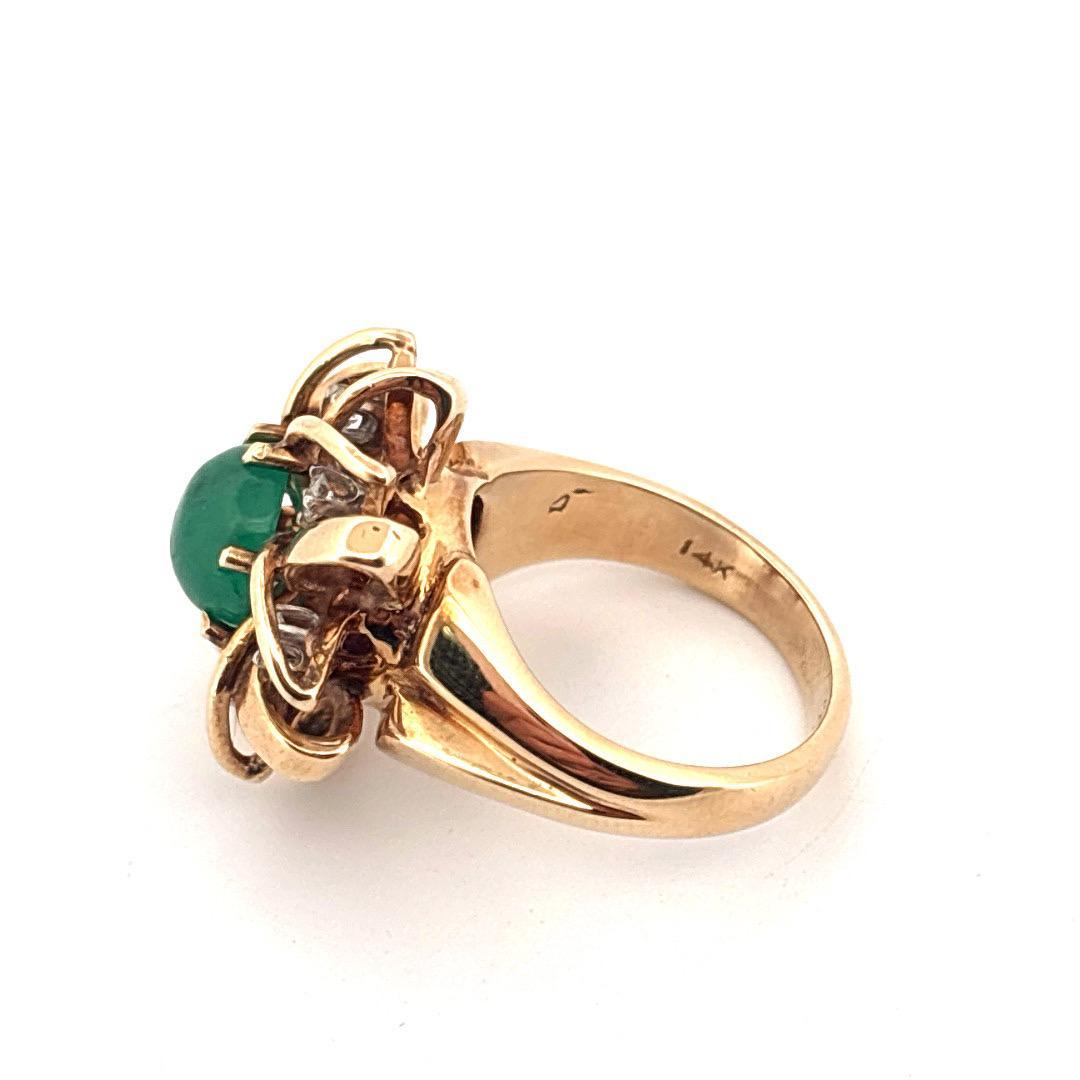 14K Yellow Gold 1.65 Carat Cabochon Emerald 0.25 Carat Diamond Ring