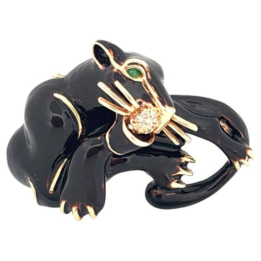 14K Yellow Gold Black Enamel Emerald & Diamond Bagheera Disney Brooch Pin