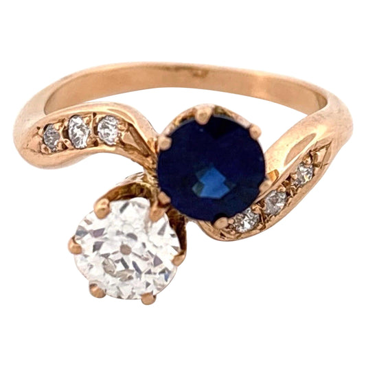14K Yellow Gold European Cut Diamond and Sapphire Toi Et Moi Ring