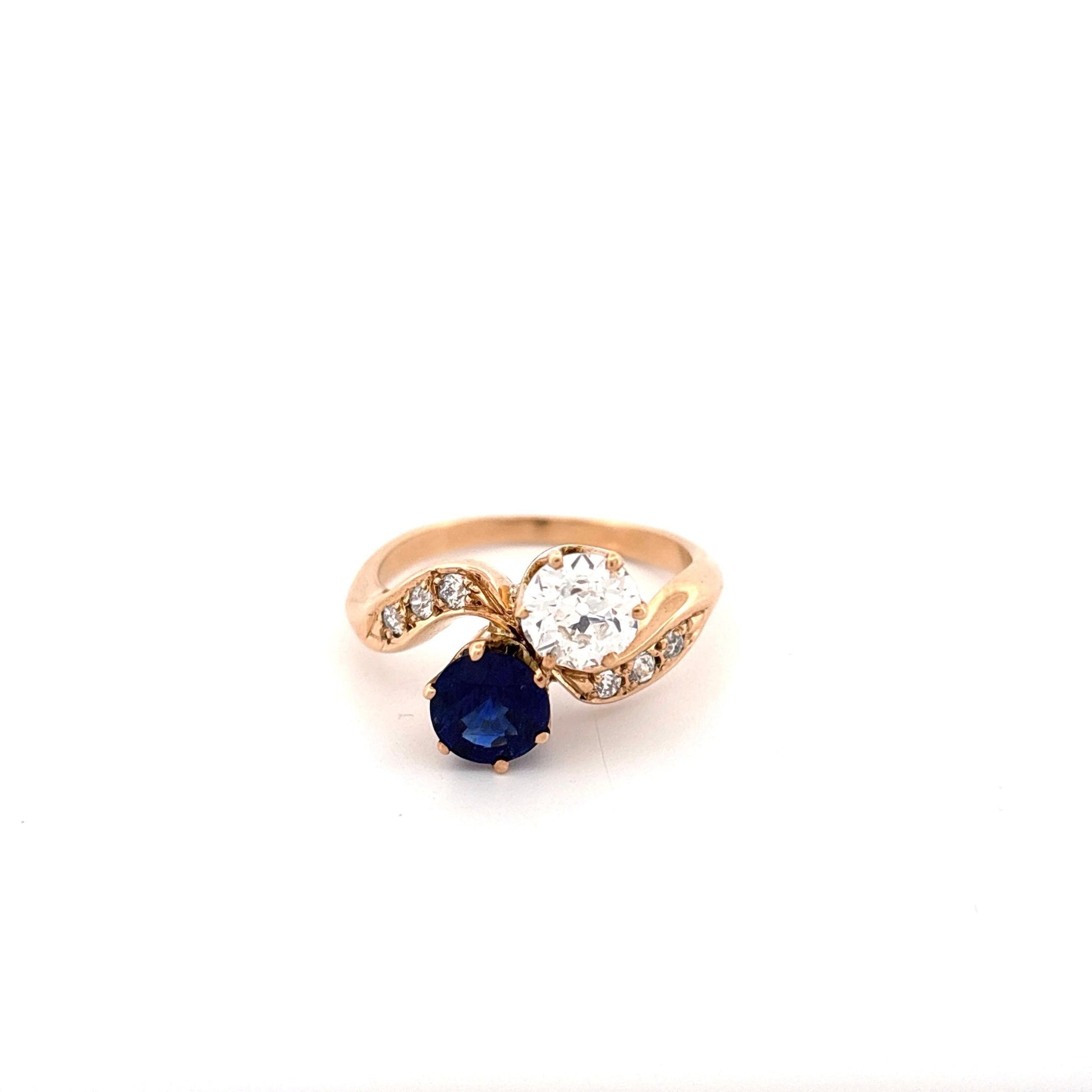 14K Yellow Gold European Cut Diamond and Sapphire Toi Et Moi Ring