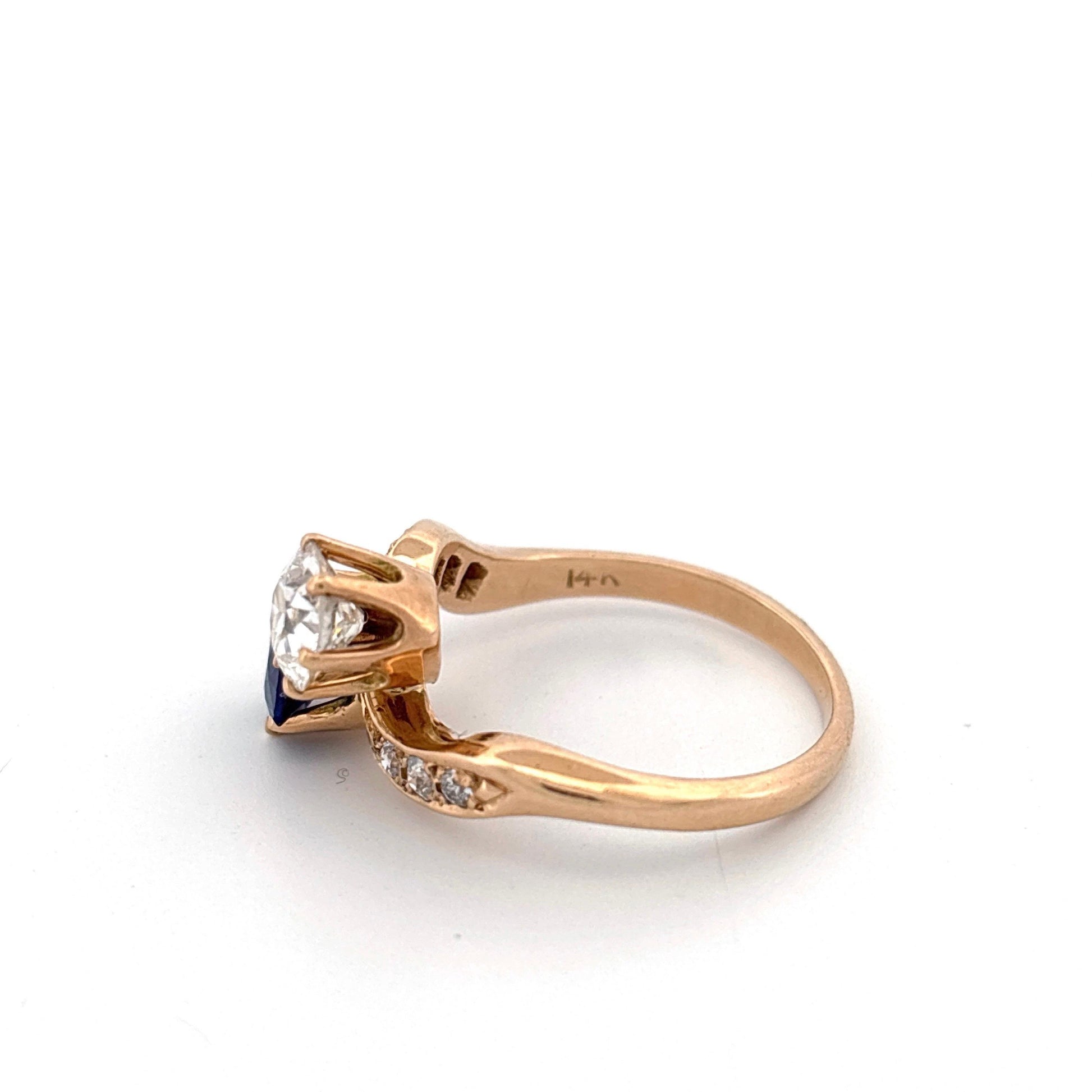 14K Yellow Gold European Cut Diamond and Sapphire Toi Et Moi Ring