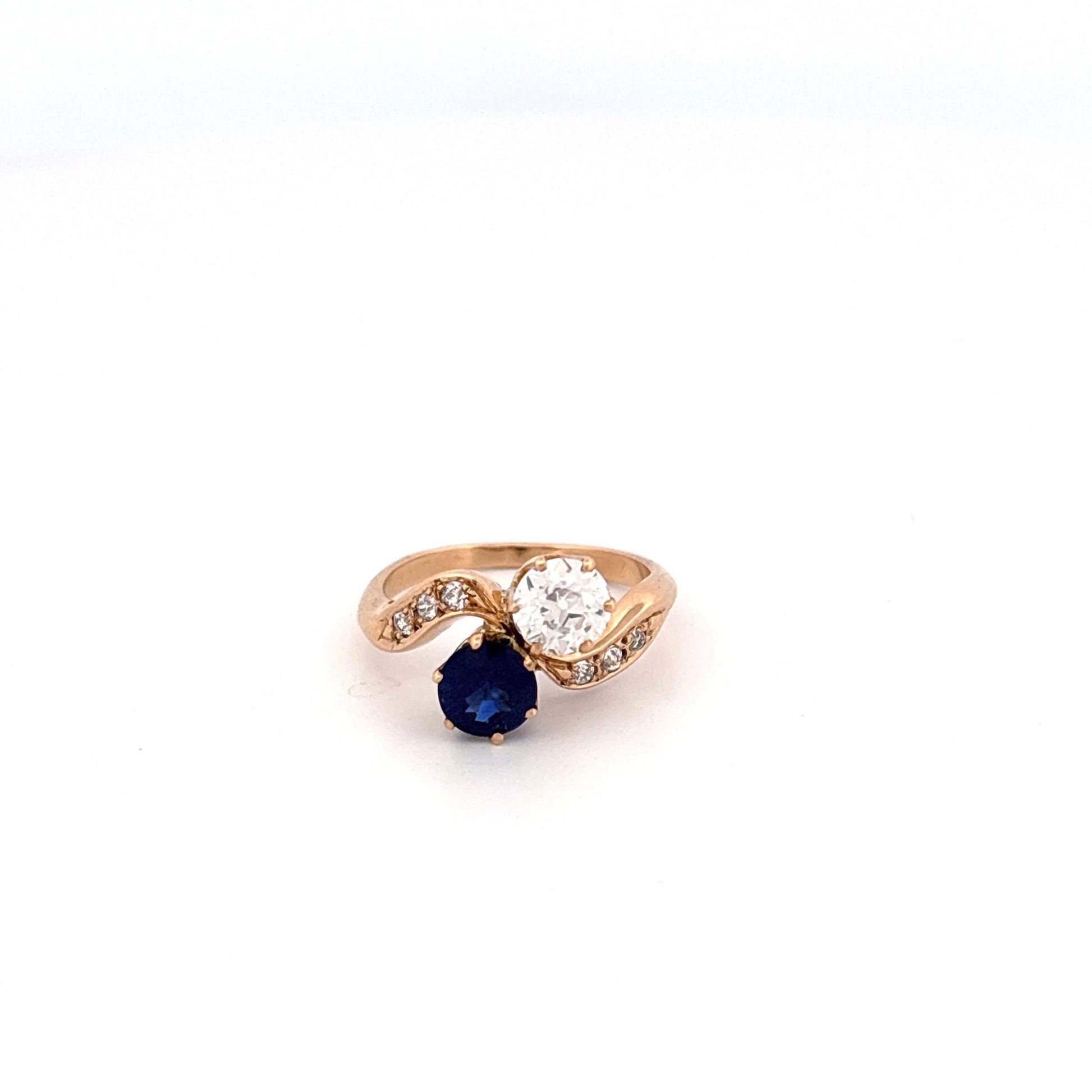 14K Yellow Gold European Cut Diamond and Sapphire Toi Et Moi Ring