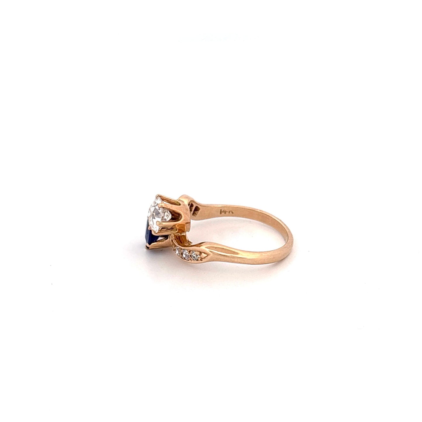 14K Yellow Gold European Cut Diamond and Sapphire Toi Et Moi Ring