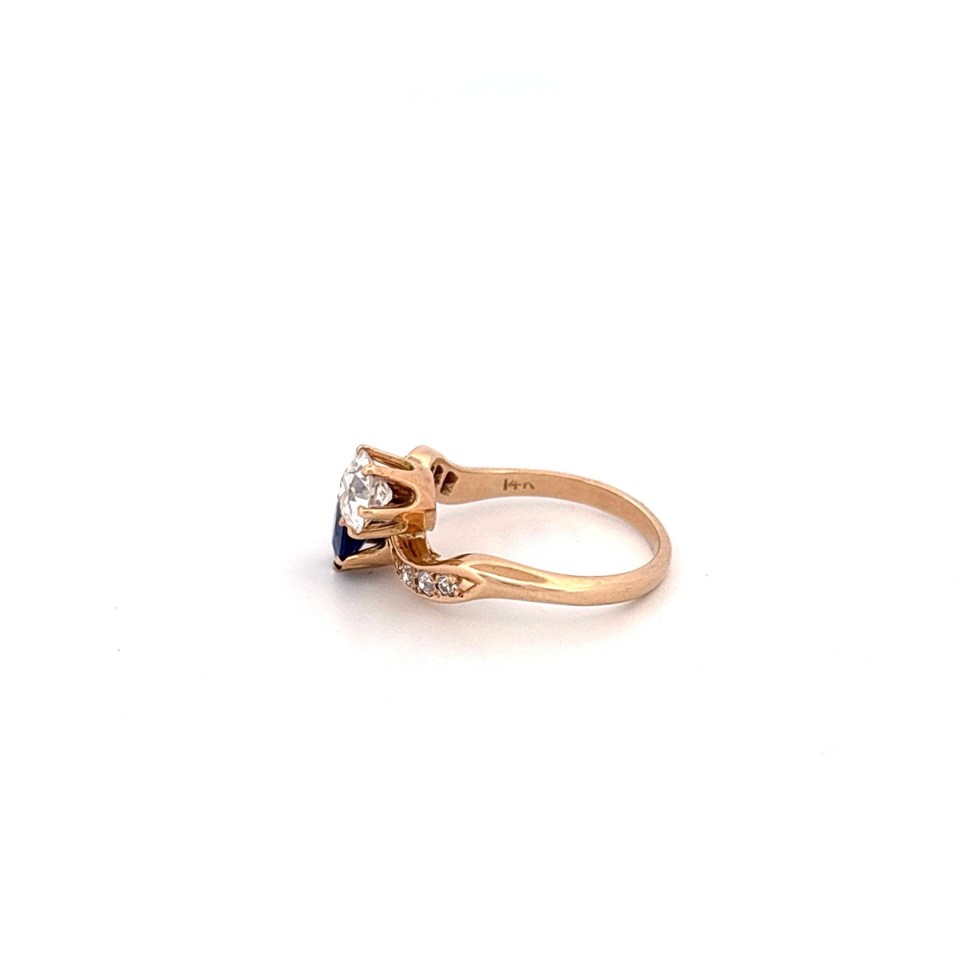 14K Yellow Gold European Cut Diamond and Sapphire Toi Et Moi Ring