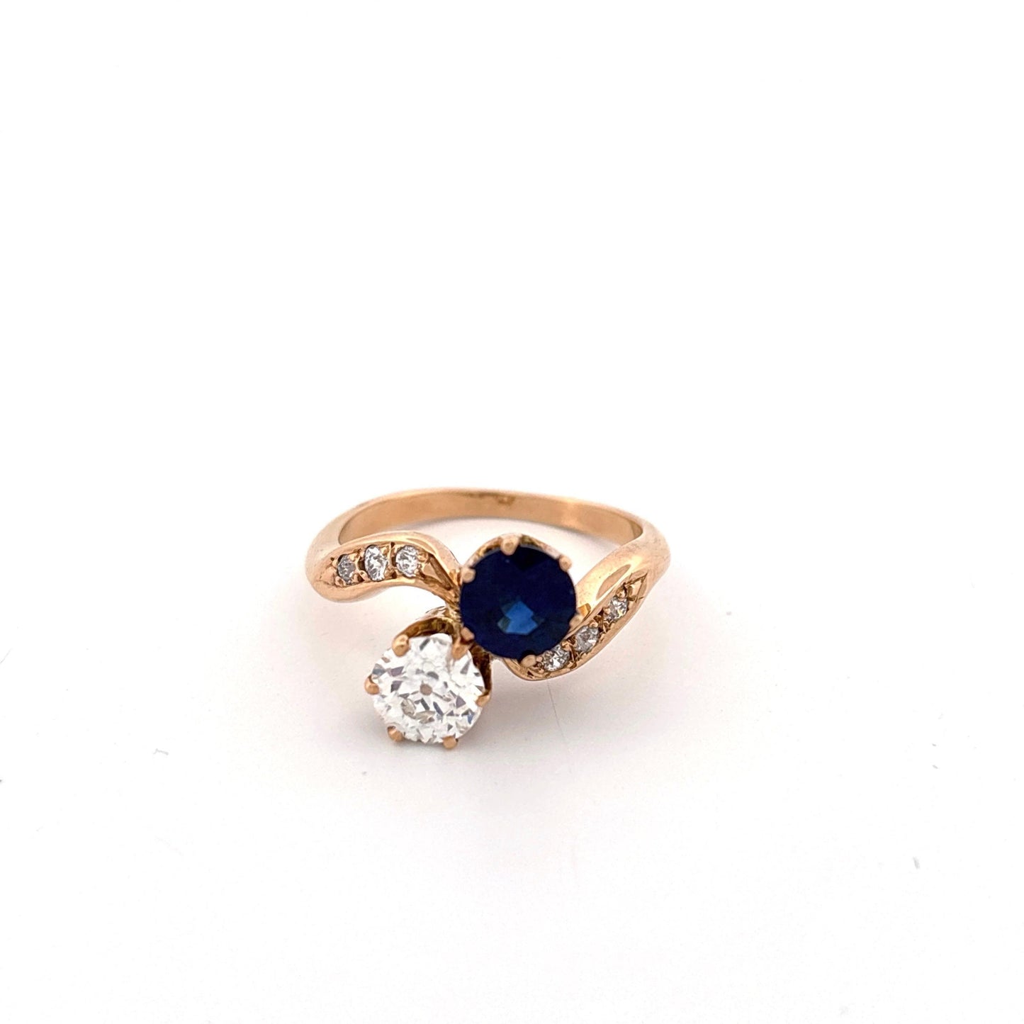 14K Yellow Gold European Cut Diamond and Sapphire Toi Et Moi Ring
