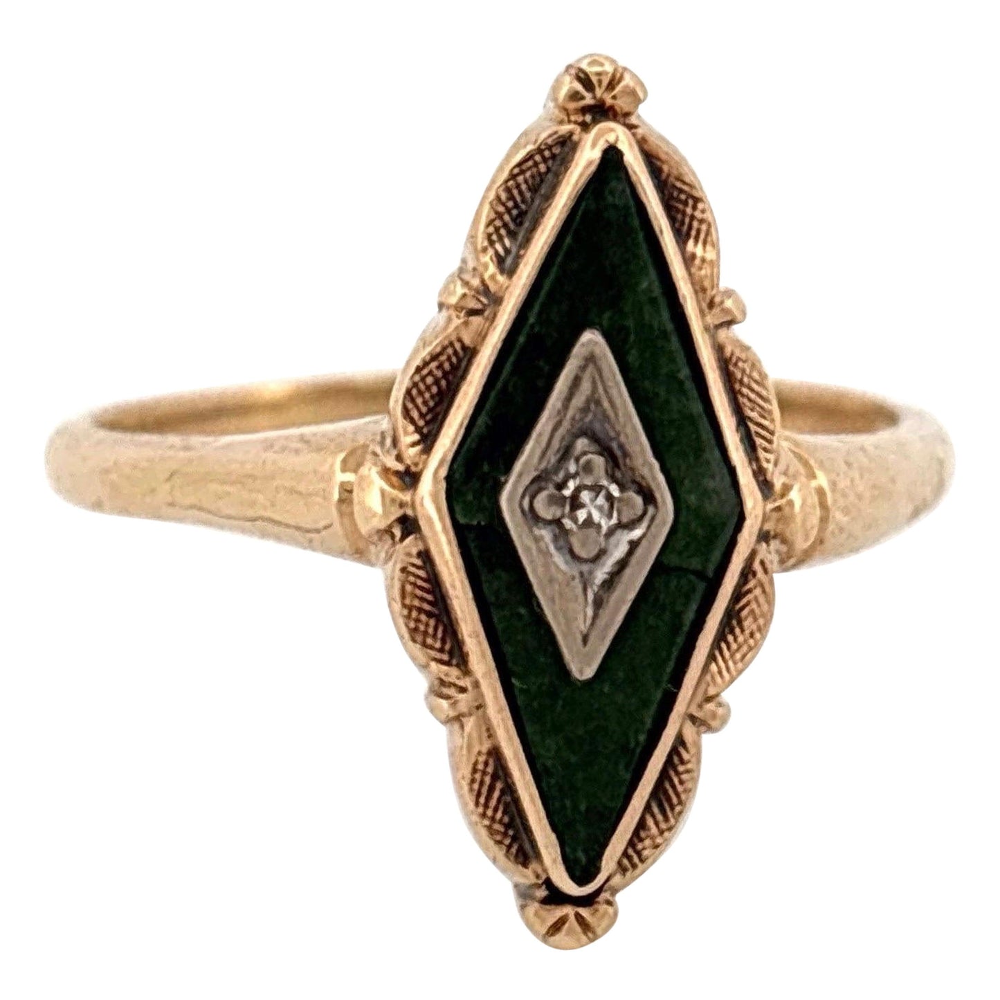 14K Yellow Gold Jade & Diamond Ring