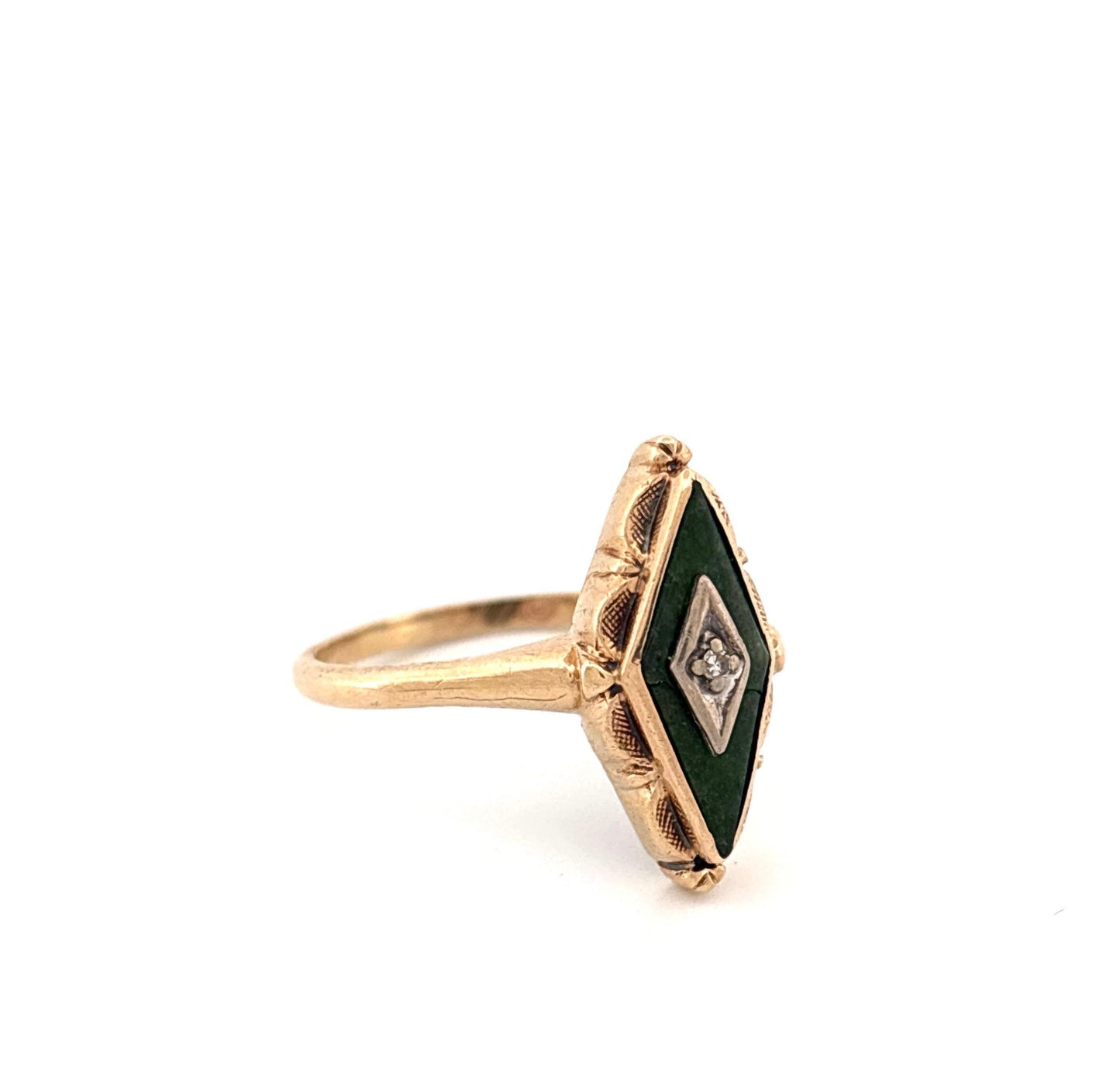 14K Yellow Gold Jade & Diamond Ring