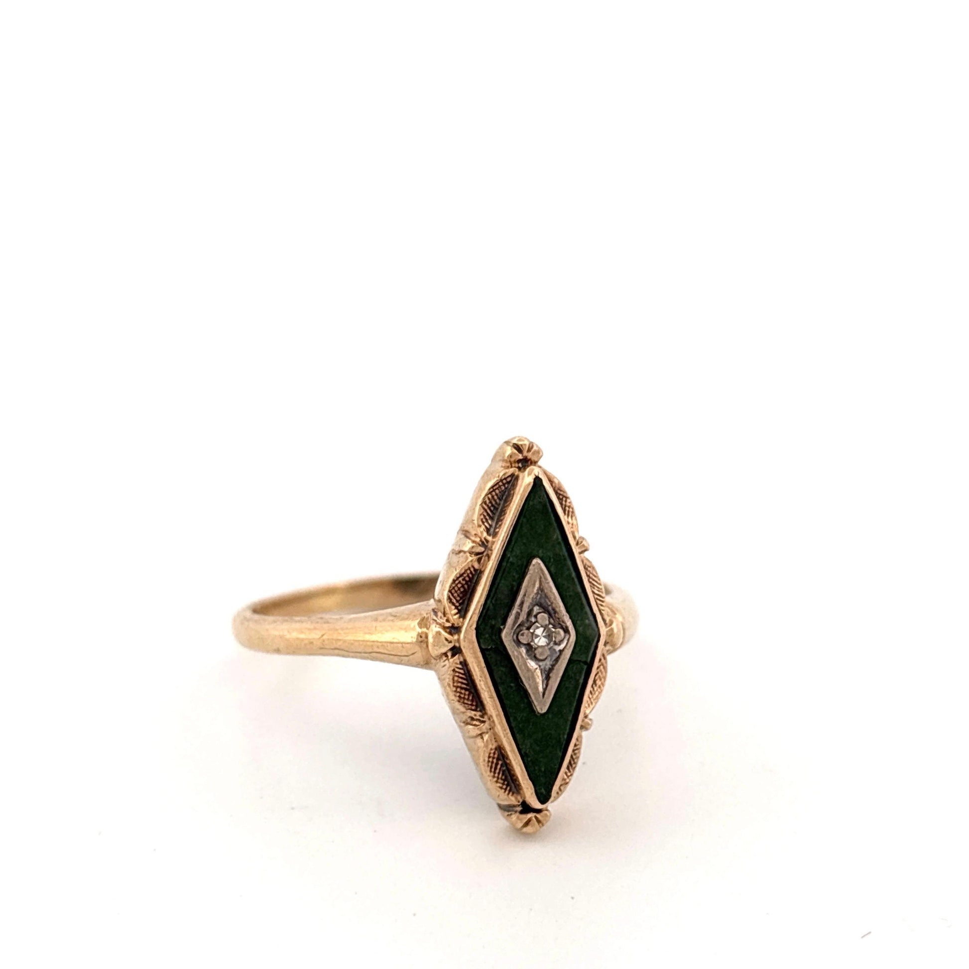 14K Yellow Gold Jade & Diamond Ring