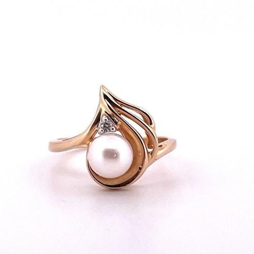 14K Yellow Gold Pearl & Diamond Ring VIP Signed Size 6.75