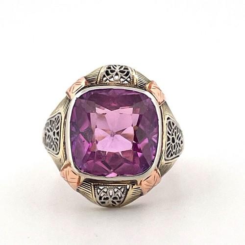 14K Yellow White & Rose Gold Large Amethyst Ring Size 6.00 6.2 Grams