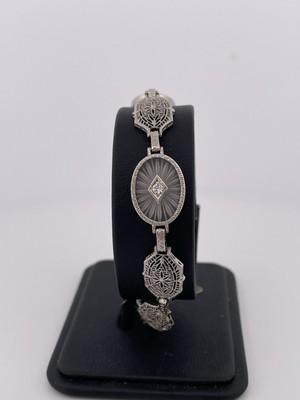 14k White Gold & 0.24ct Diamond Art Deco Bracelet/ 9.6g/ 7” Length