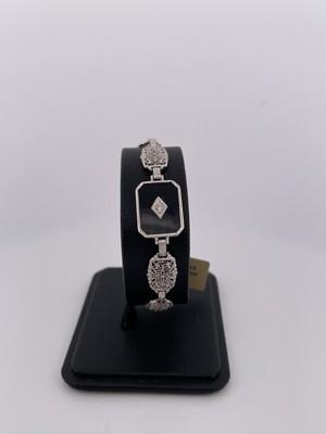14k White Gold Art Deco Bracelet With Diamond & Onyx/ 6”/ 7.5g
