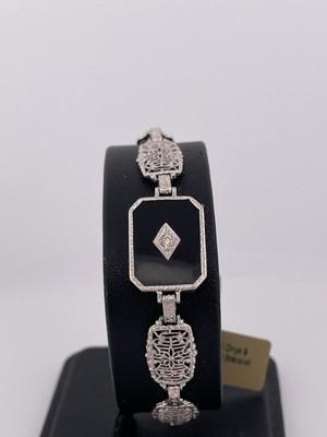 14k White Gold Art Deco Bracelet With Diamond & Onyx/ 6”/ 7.5g