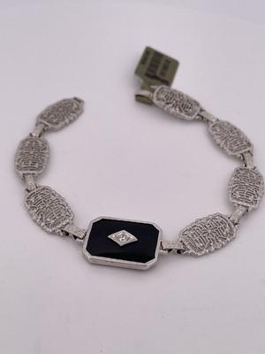 14k White Gold Art Deco Bracelet With Diamond & Onyx/ 6”/ 7.5g