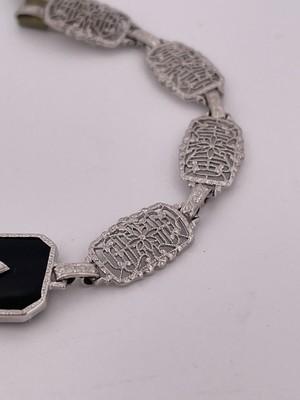 14k White Gold Art Deco Bracelet With Diamond & Onyx/ 6”/ 7.5g