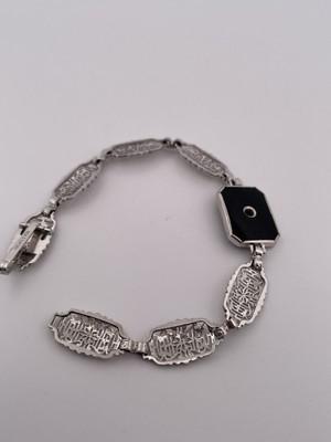 14k White Gold Art Deco Bracelet With Diamond & Onyx/ 6”/ 7.5g