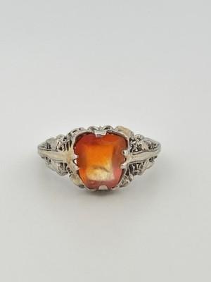 14k White Gold Filigree Orange Glass Ring/ Size 4.25/ 1.9g