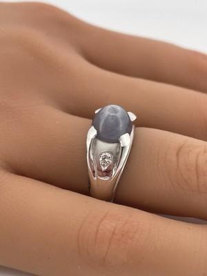 14k White Gold Genuine Star Sapphire & 0.12ctw Diamond Ring/ Size 6.25/ 6.8g