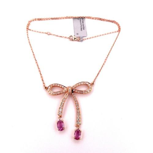 18K Rose Gold Pink Sapphire & Diamond Bow Tie Necklace 16-18”