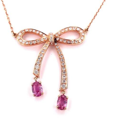 18K Rose Gold Pink Sapphire & Diamond Bow Tie Necklace 16-18”