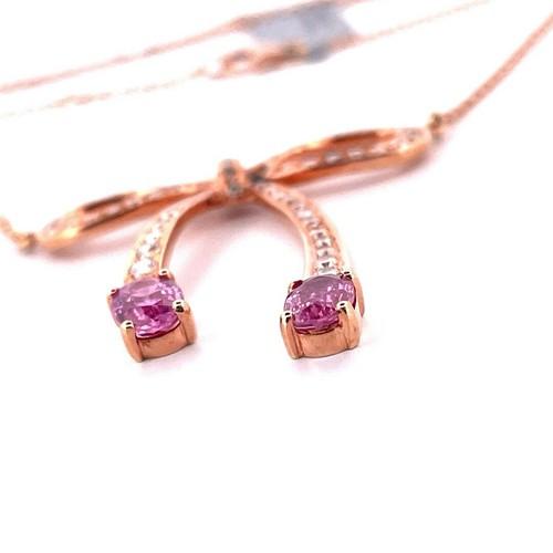 18K Rose Gold Pink Sapphire & Diamond Bow Tie Necklace 16-18”
