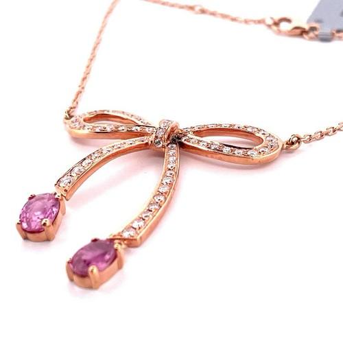 18K Rose Gold Pink Sapphire & Diamond Bow Tie Necklace 16-18”