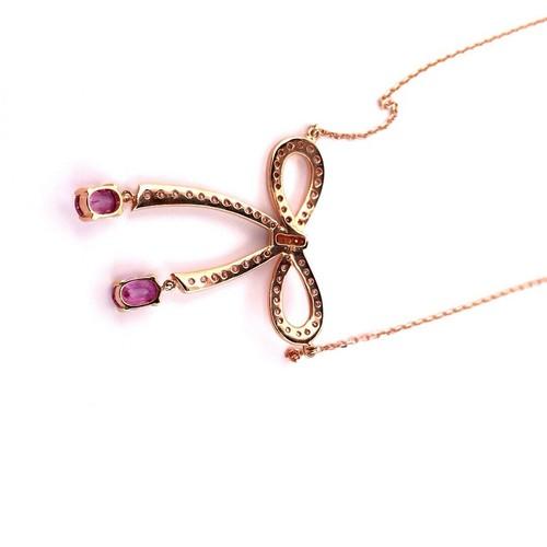 18K Rose Gold Pink Sapphire & Diamond Bow Tie Necklace 16-18”