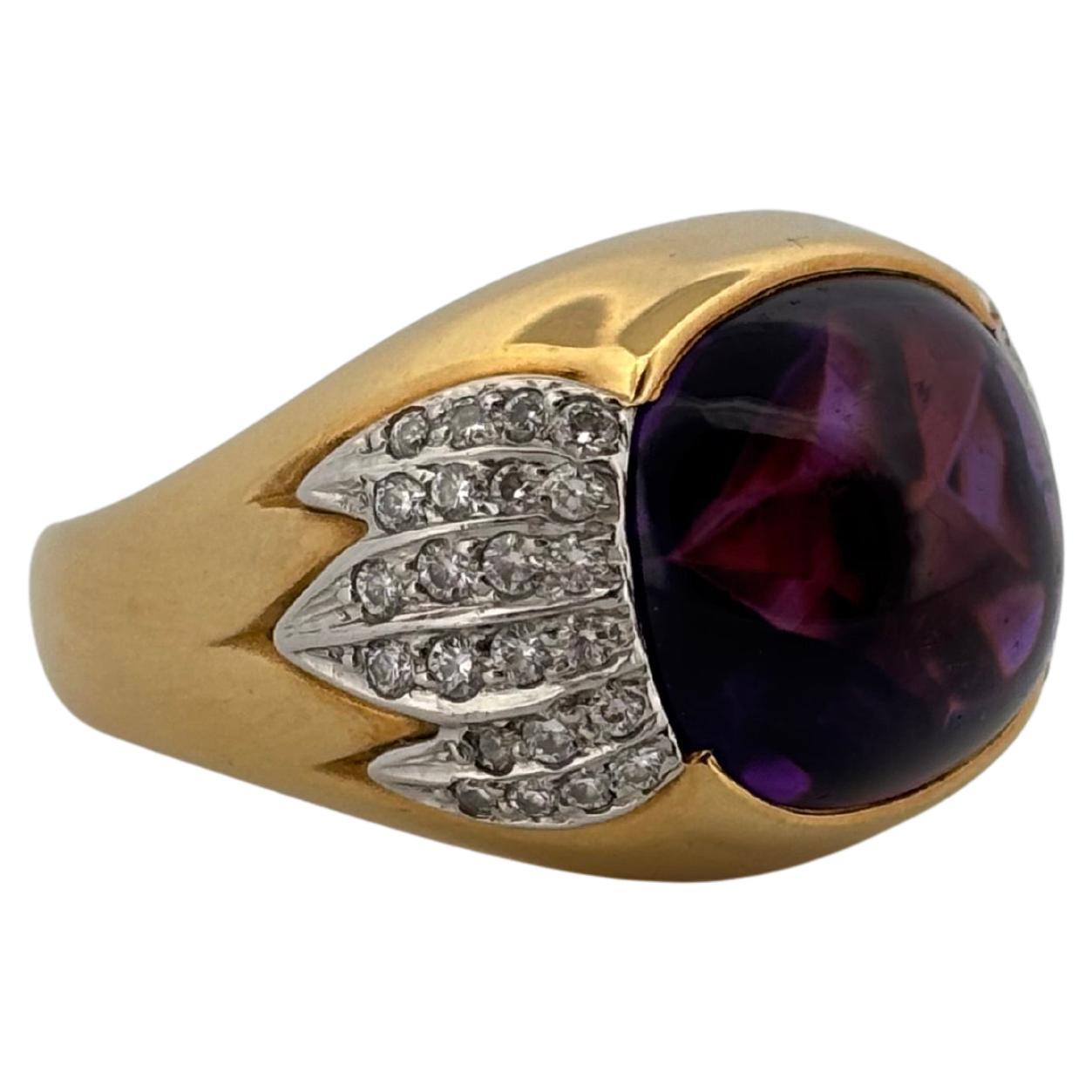 18K Yellow Gold & Platinum 6.80ctw Cabochon Amethyst 0.40ctw Diamond Ring