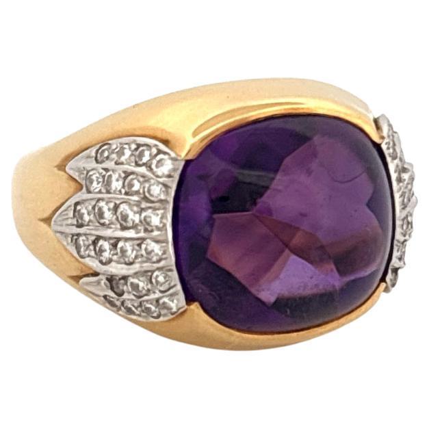18K Yellow Gold & Platinum 6.80ctw Cabochon Amethyst 0.40ctw Diamond Ring