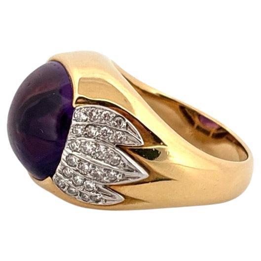 18K Yellow Gold & Platinum 6.80ctw Cabochon Amethyst 0.40ctw Diamond Ring