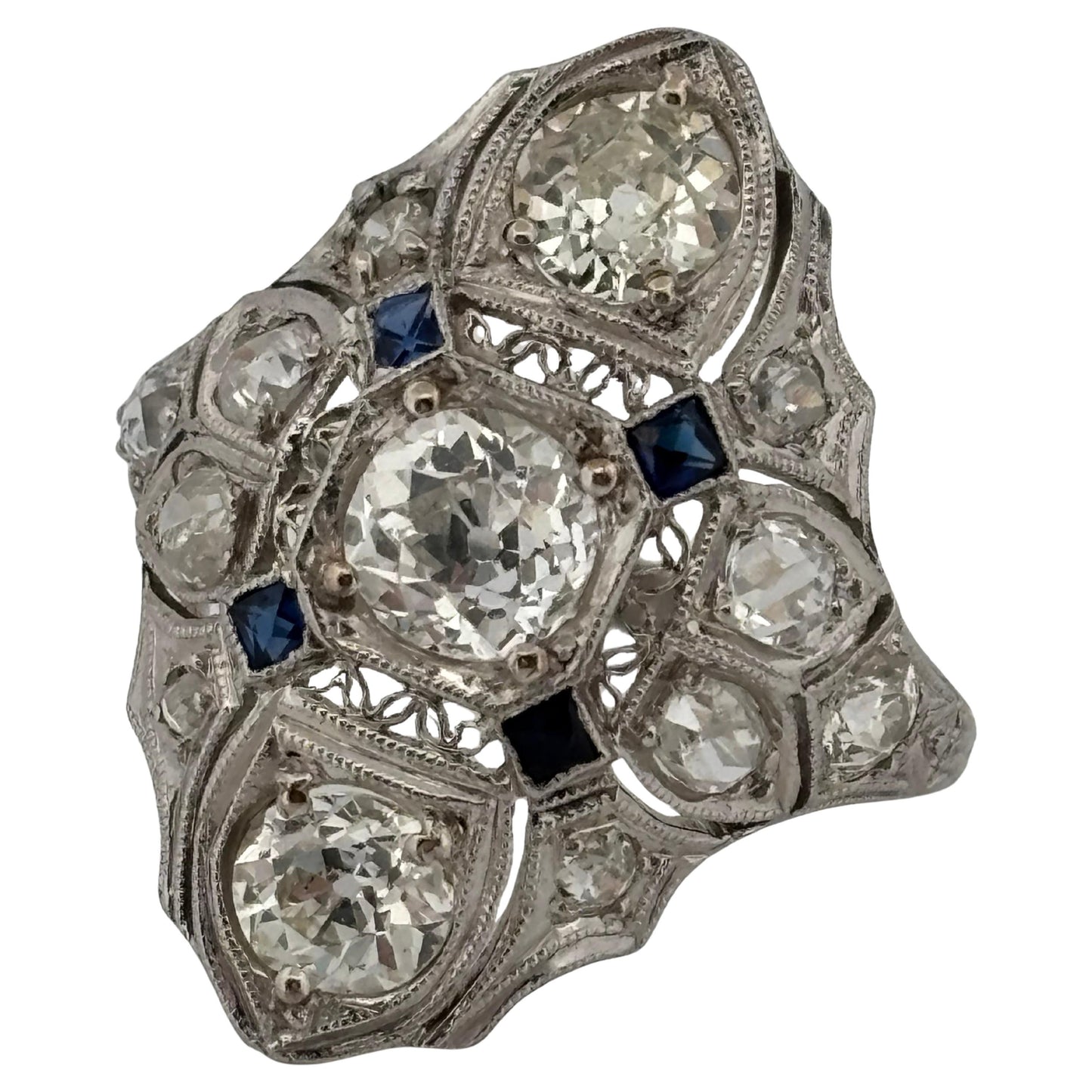 1920's Antique Platinum Filigree 2.02ctw I-J SI2-I2 Diamond & Sapphire Ring