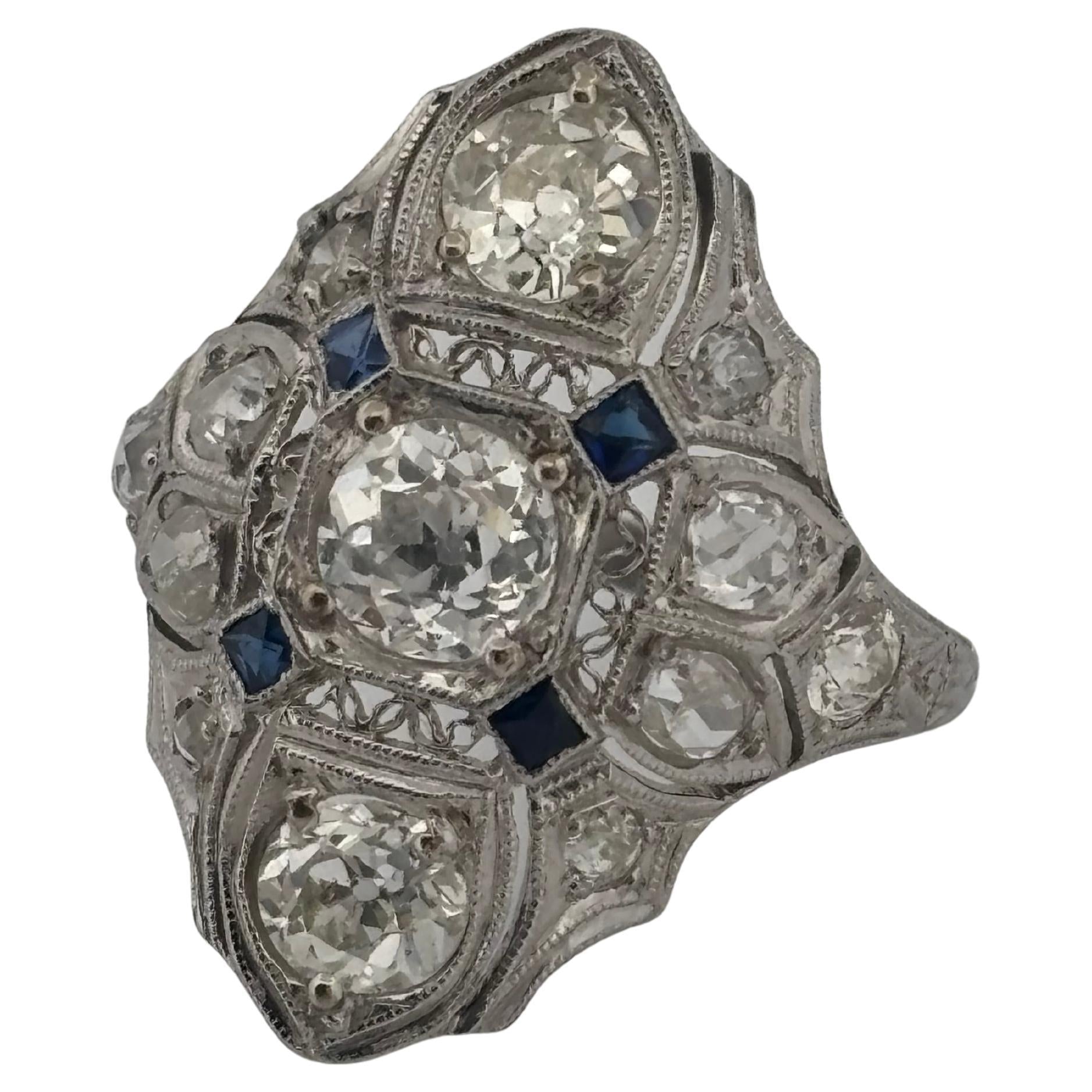 1920's Antique Platinum Filigree 2.02ctw I-J SI2-I2 Diamond & Sapphire Ring