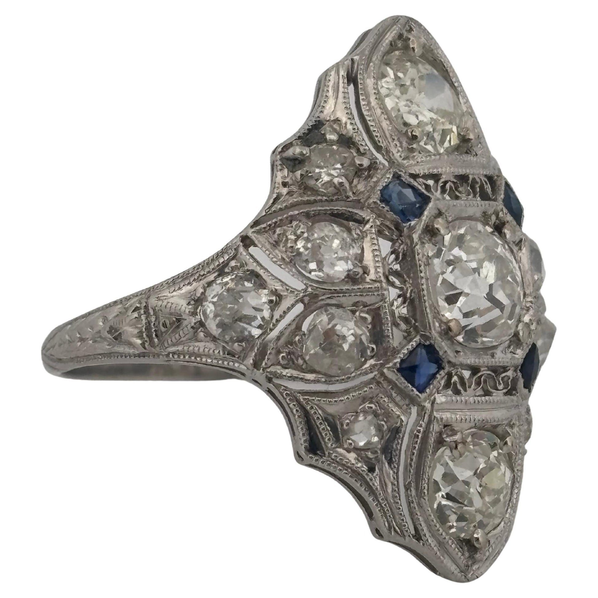 1920's Antique Platinum Filigree 2.02ctw I-J SI2-I2 Diamond & Sapphire Ring
