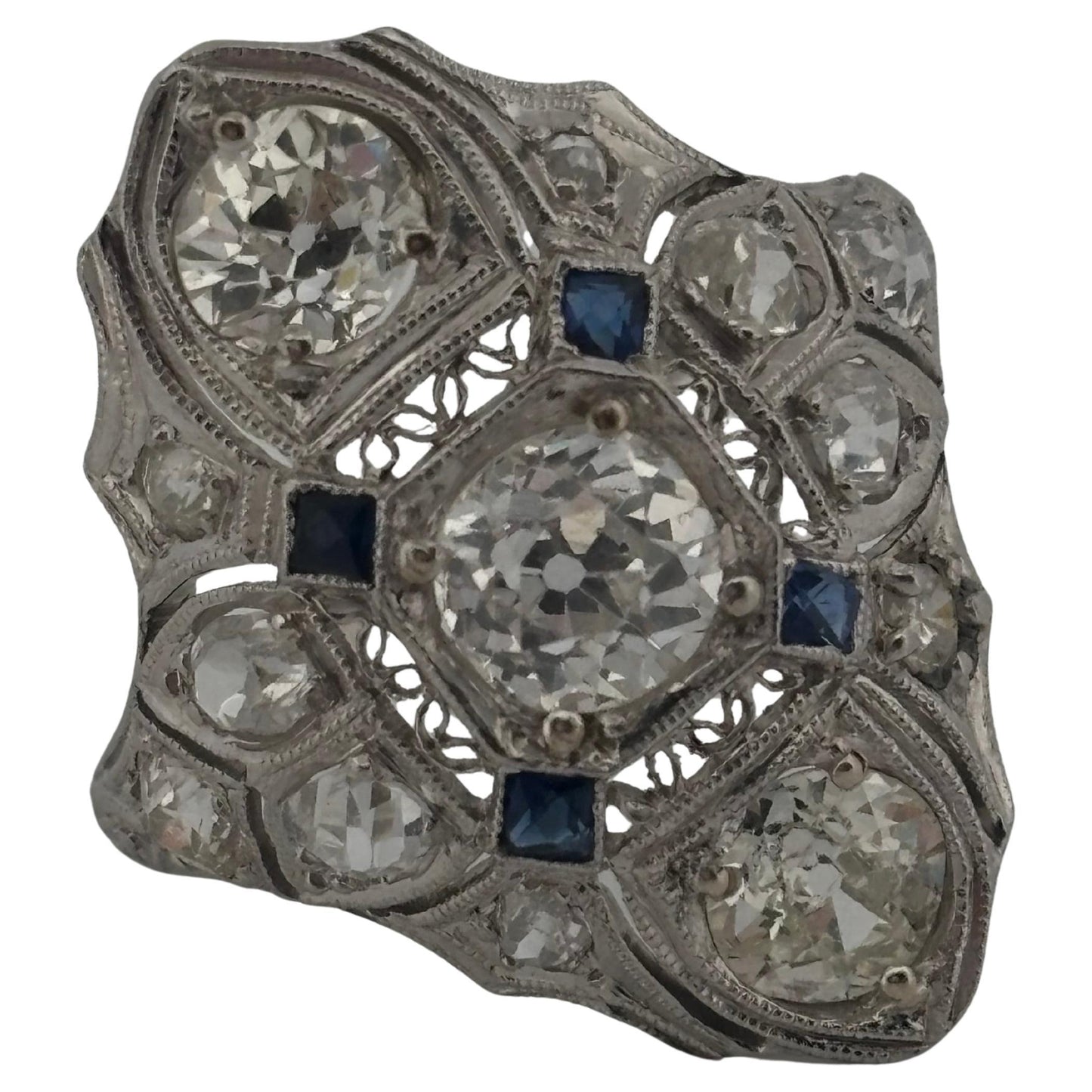 1920's Antique Platinum Filigree 2.02ctw I-J SI2-I2 Diamond & Sapphire Ring