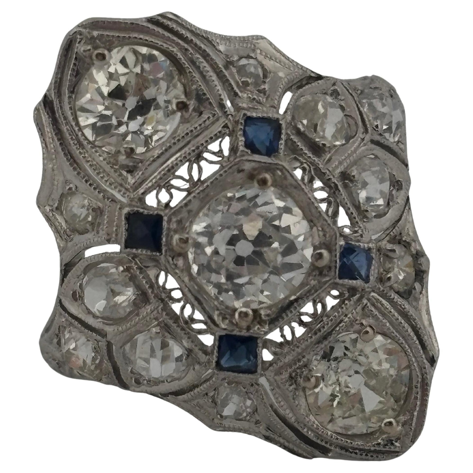 1920's Antique Platinum Filigree 2.02ctw I-J SI2-I2 Diamond & Sapphire Ring