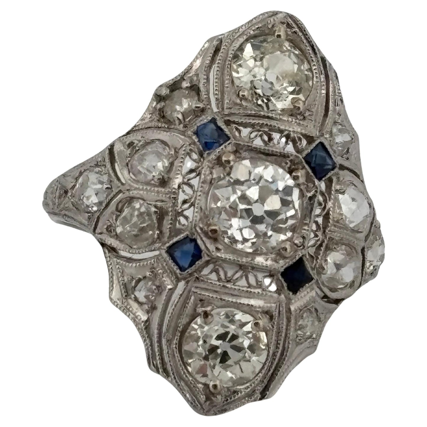 1920's Antique Platinum Filigree 2.02ctw I-J SI2-I2 Diamond & Sapphire Ring